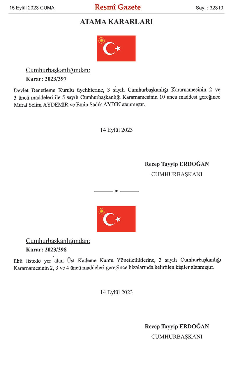 Cumhurbaşkanı Recep Tayyip Erdoğan imzasıyla kamuda görevden almalar ve atamalar yapıldı 1