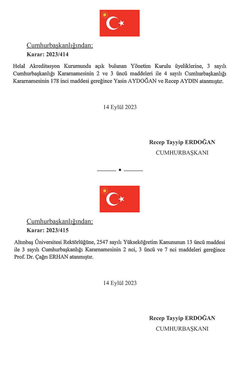 Cumhurbaşkanı Recep Tayyip Erdoğan imzasıyla kamuda görevden almalar ve atamalar yapıldı 13