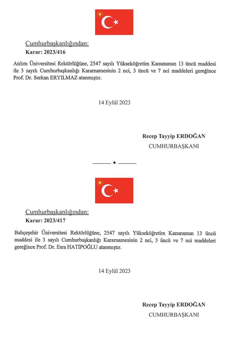 Cumhurbaşkanı Recep Tayyip Erdoğan imzasıyla kamuda görevden almalar ve atamalar yapıldı 14