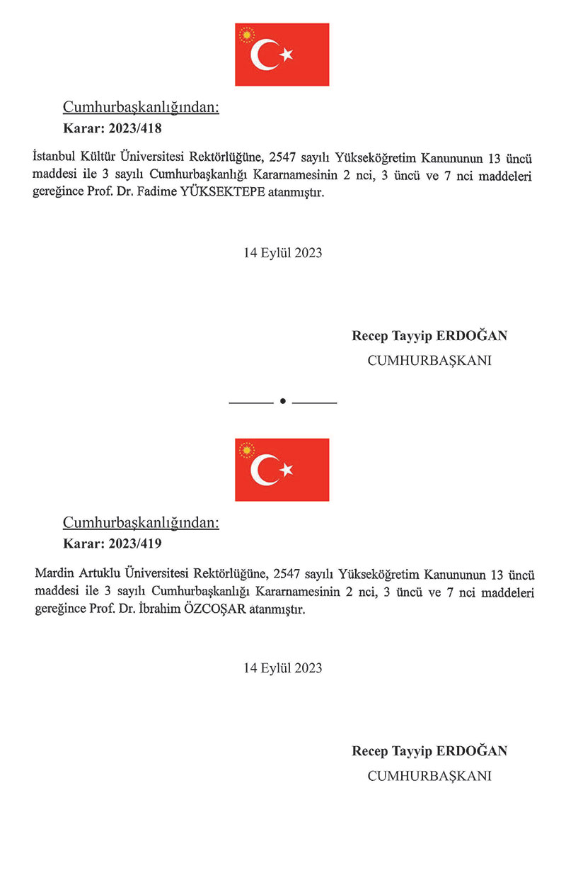 Cumhurbaşkanı Recep Tayyip Erdoğan imzasıyla kamuda görevden almalar ve atamalar yapıldı 15
