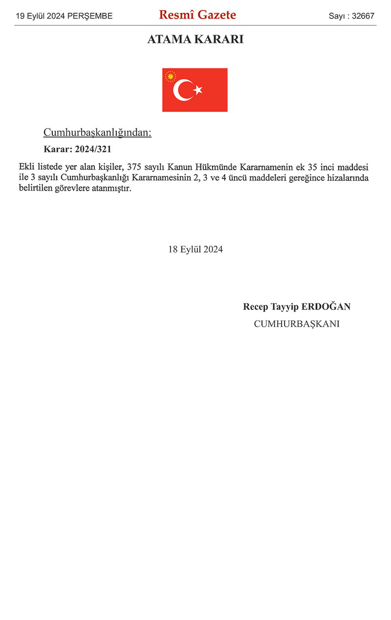 19.09.2024 Vali ve Milkiye Başmüfettişi atamaları kararı