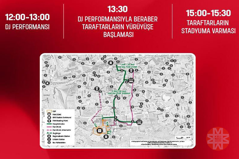 Dortmund BVB Stadyumu'na yürüyüş güzergahı, 18 Haziran 2024